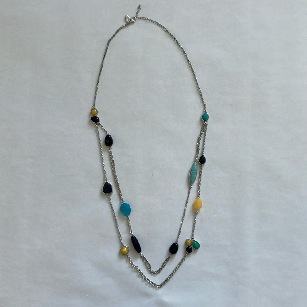 Chico’s 2-Strand Necklace 36” Faux Black,Turquoise, & Amber Multi Shape Stones
